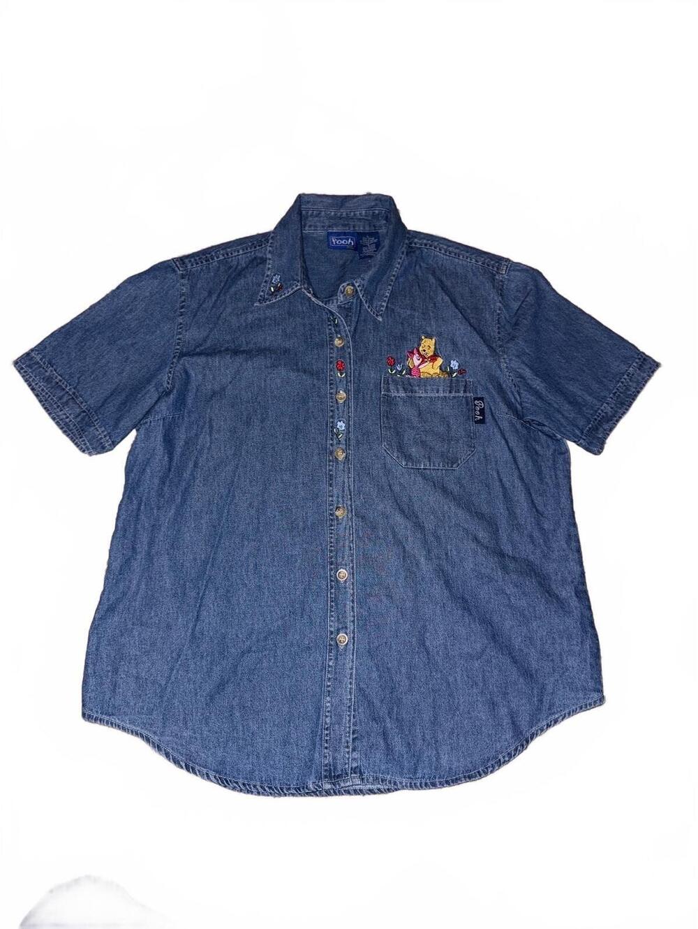 Vintage Disney Pooh & Piglet Embroidered Denim Button-Up Shirt Size L